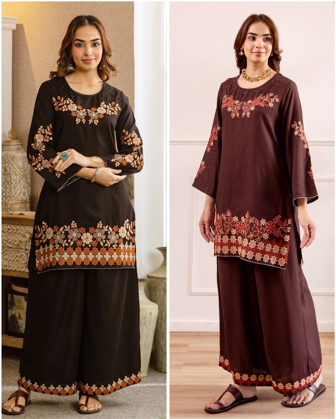 Chocolate Brown Floral Embroidered Kurta Palazzo Set