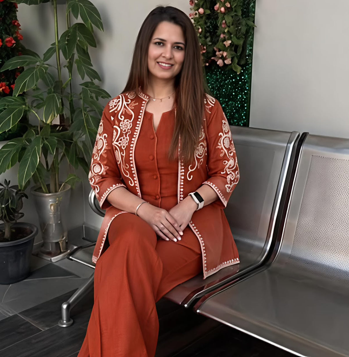 Rust Embroidered Jacket Set