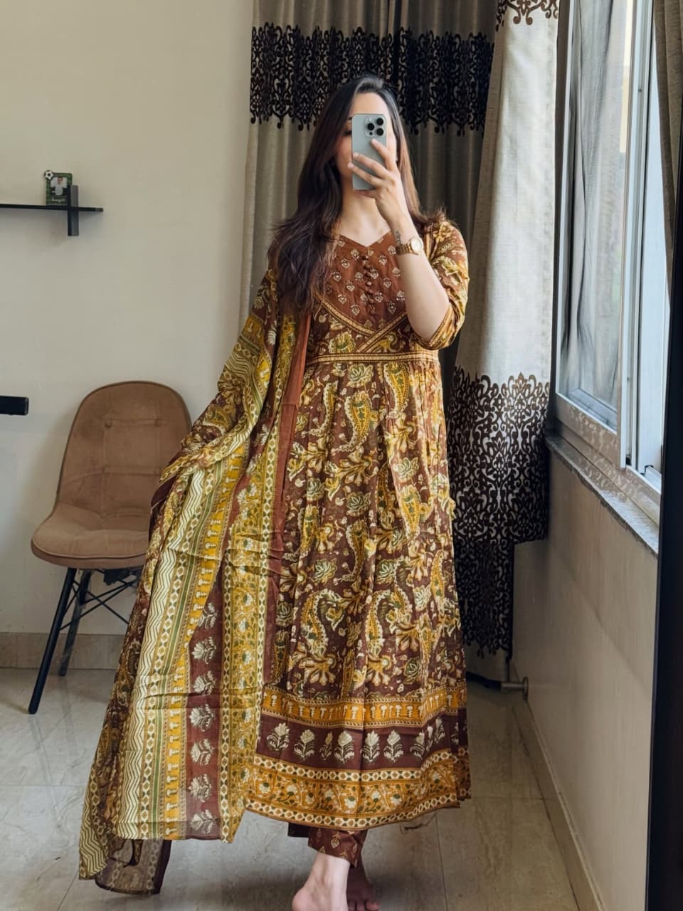 Elegant Yellow Printed Anarkali Suit Set