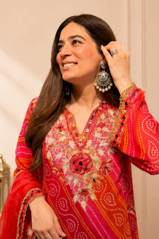 Beautiful Red Bandhani Suit Set for Women