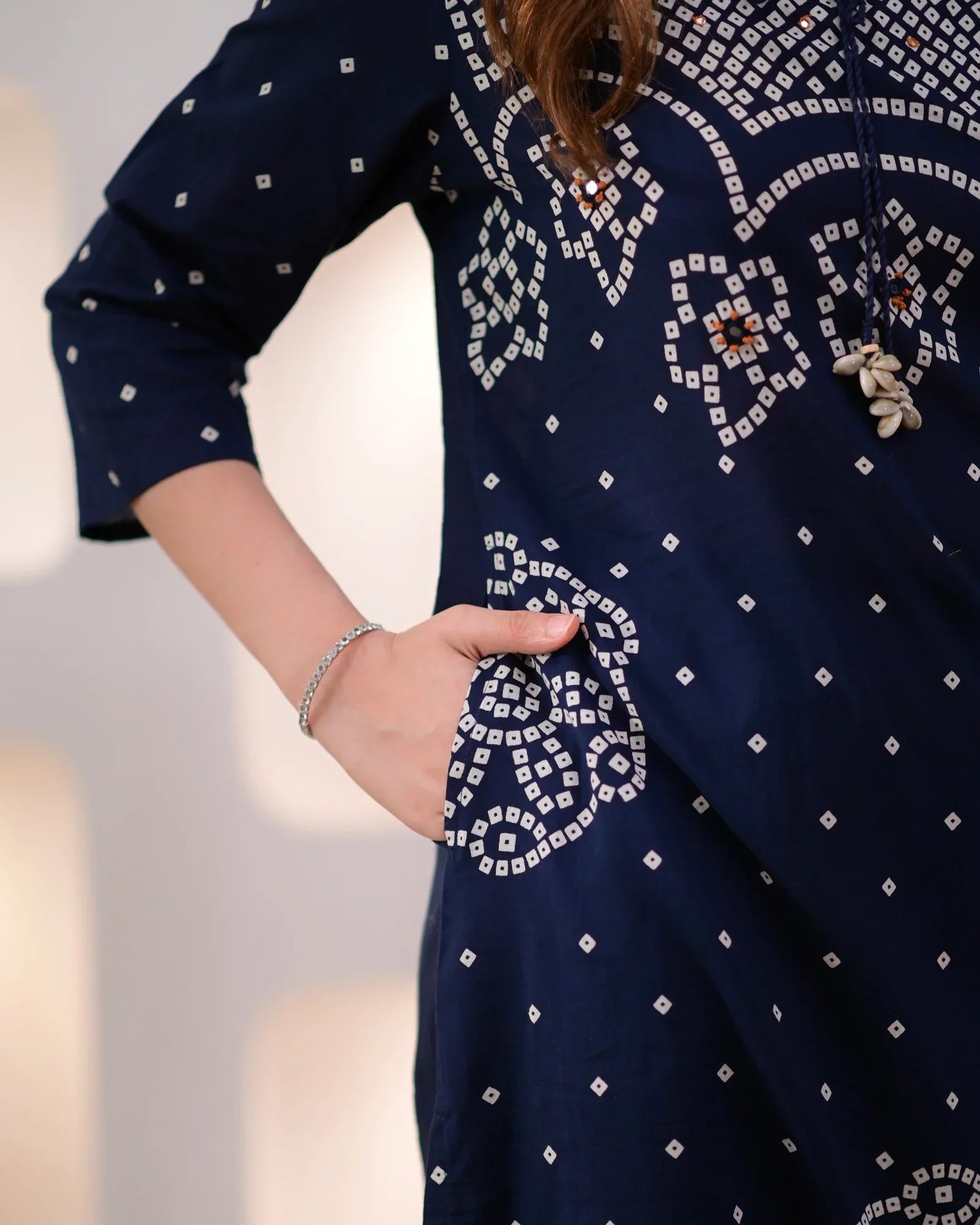 Noor-e-Navy Bandhej Mirror Work Cotton Suit