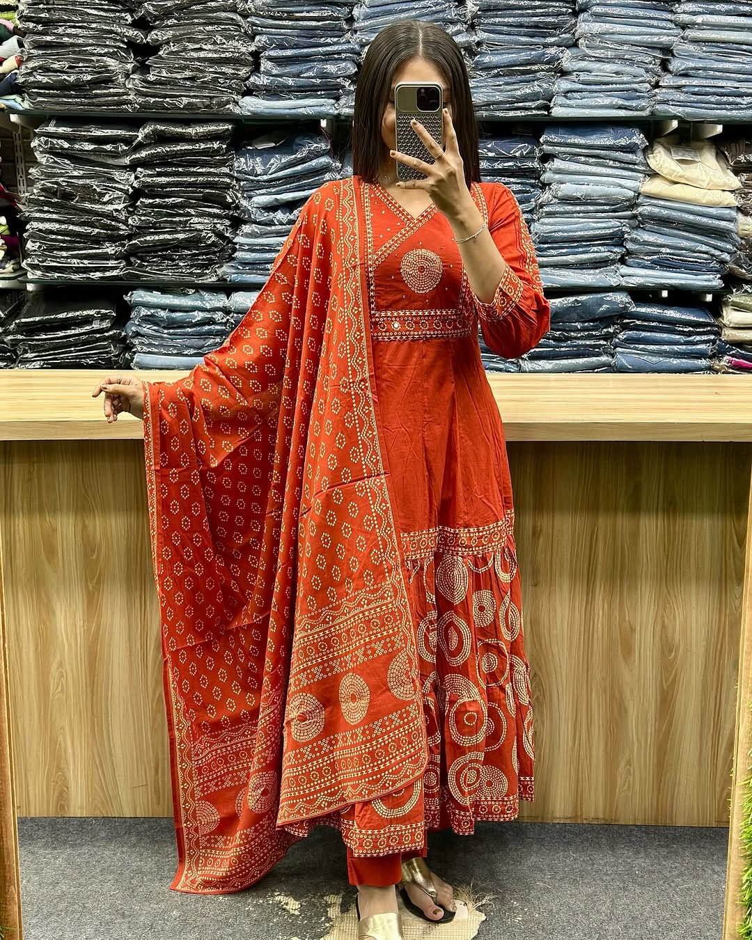 Orange V Neck Heavy Anarkali Kurti, Pant with Dupatta