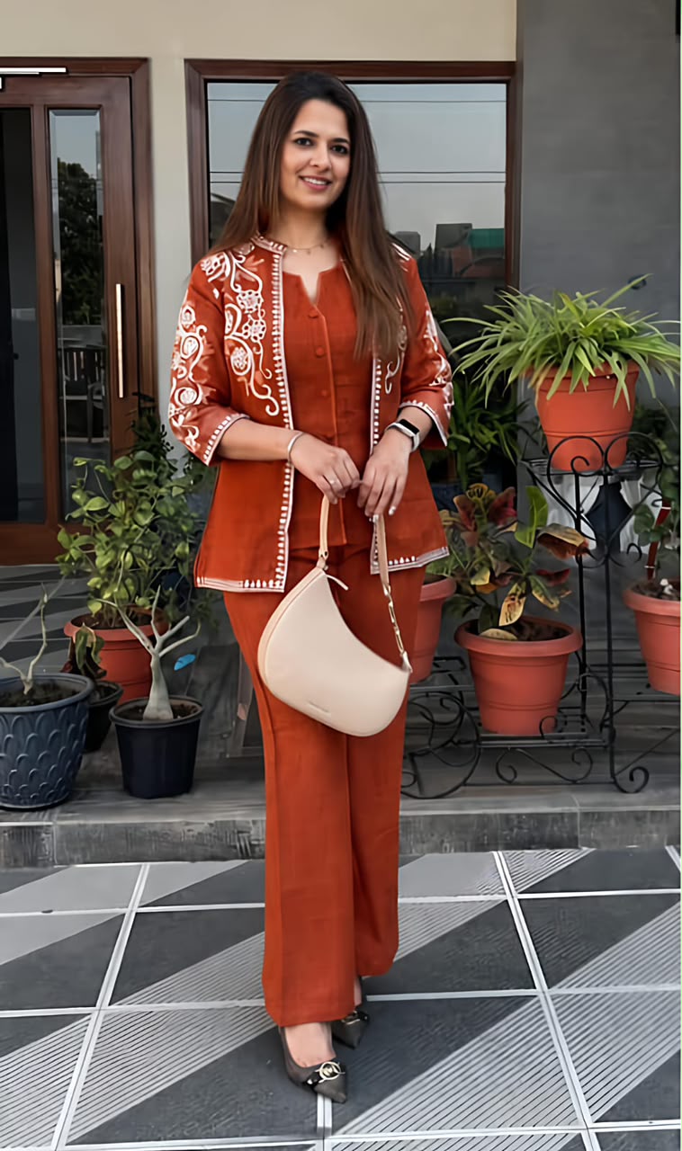 Rust Embroidered Jacket Set