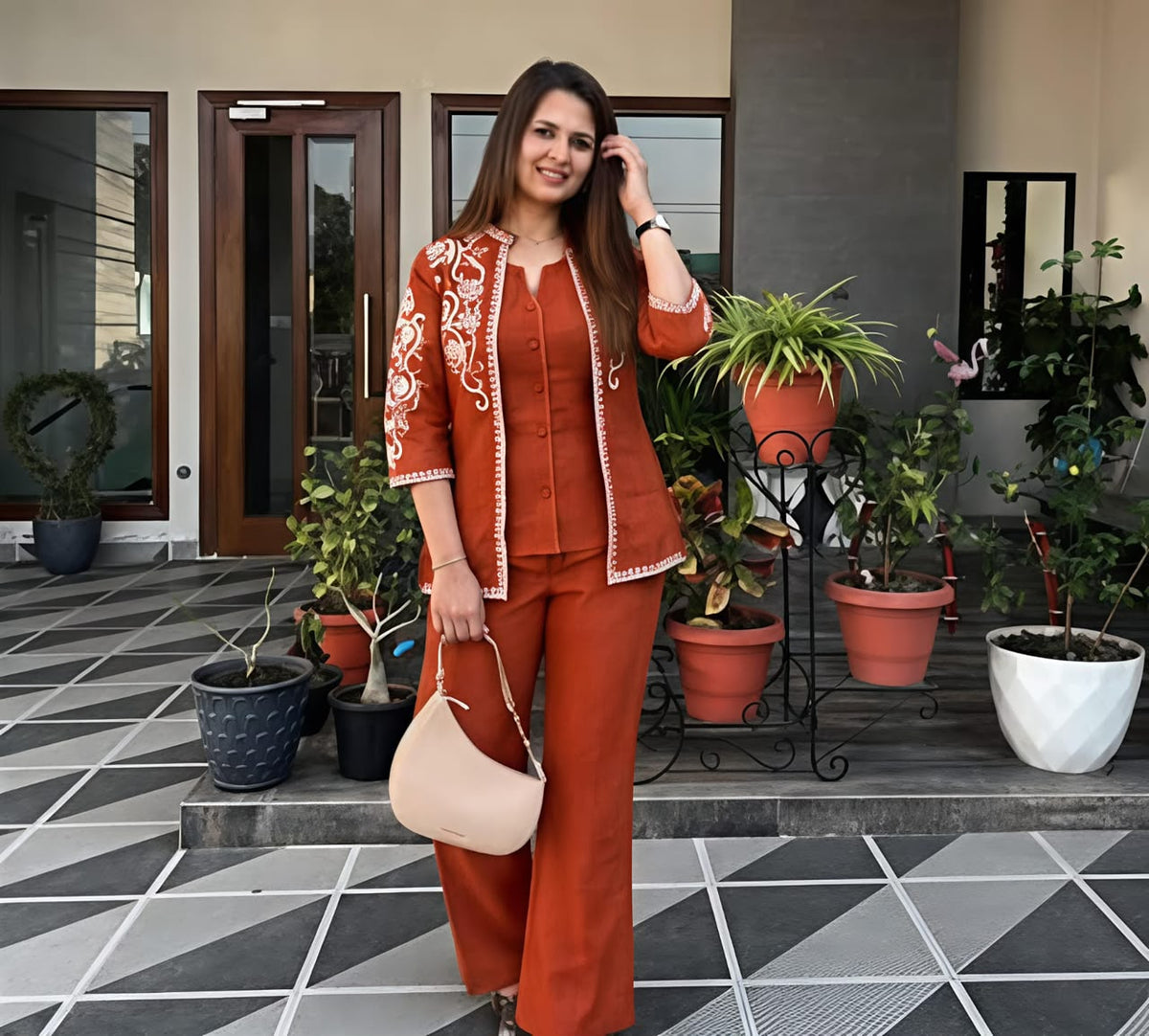 Rust Embroidered Jacket Set