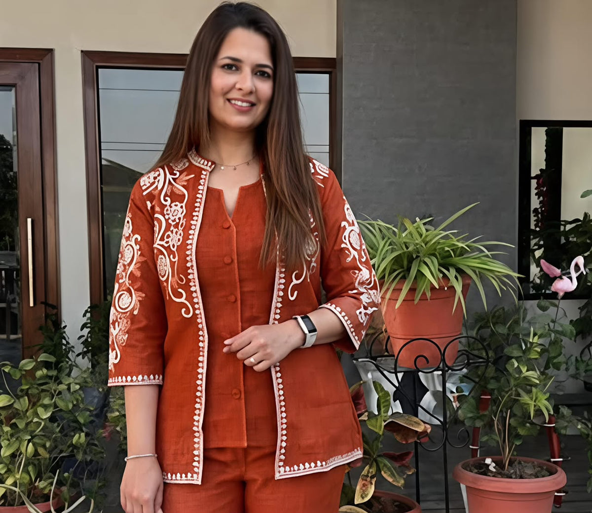 Rust Embroidered Jacket Set