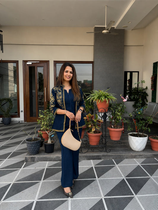 Blue Embroidered Jacket Set