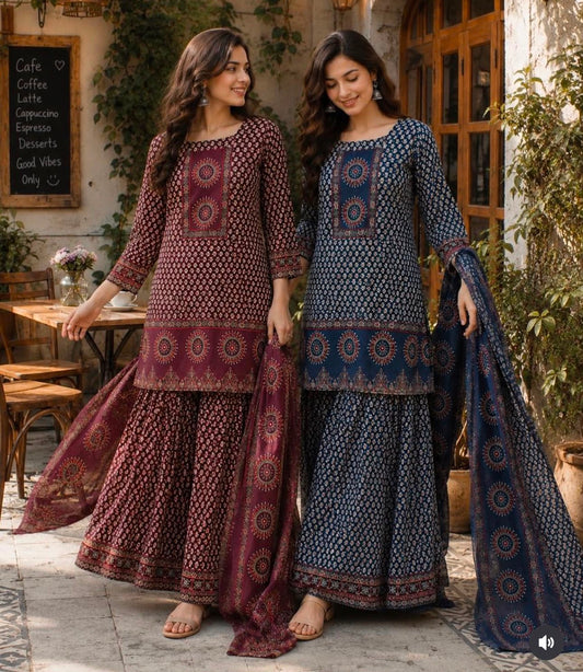 Elegant Maroon Printed Kurta Palazzo Set with Dupatta