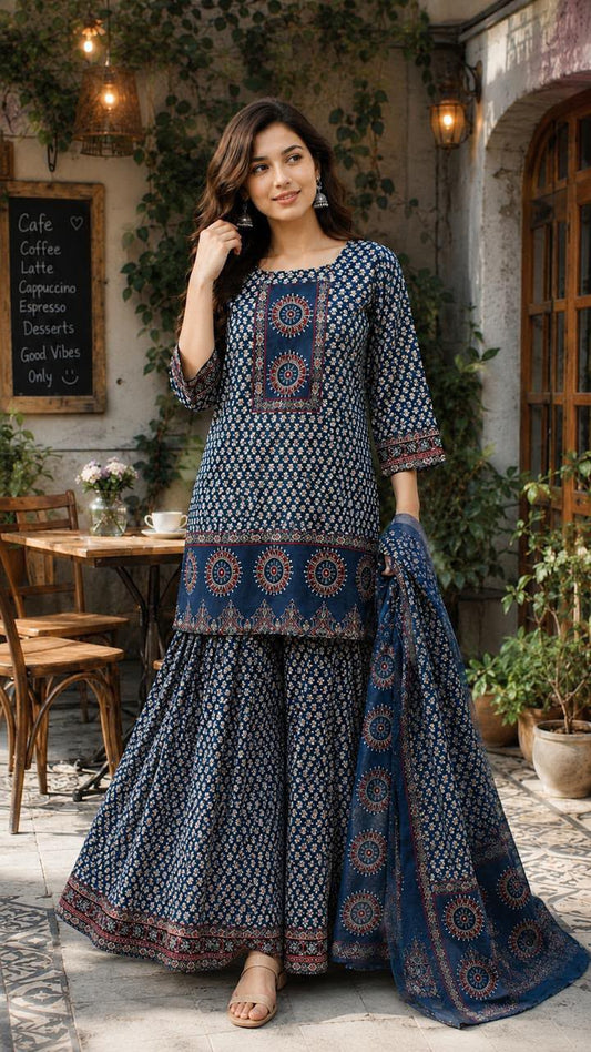 Elegant Blue Printed Kurta Palazzo Set with Dupatta