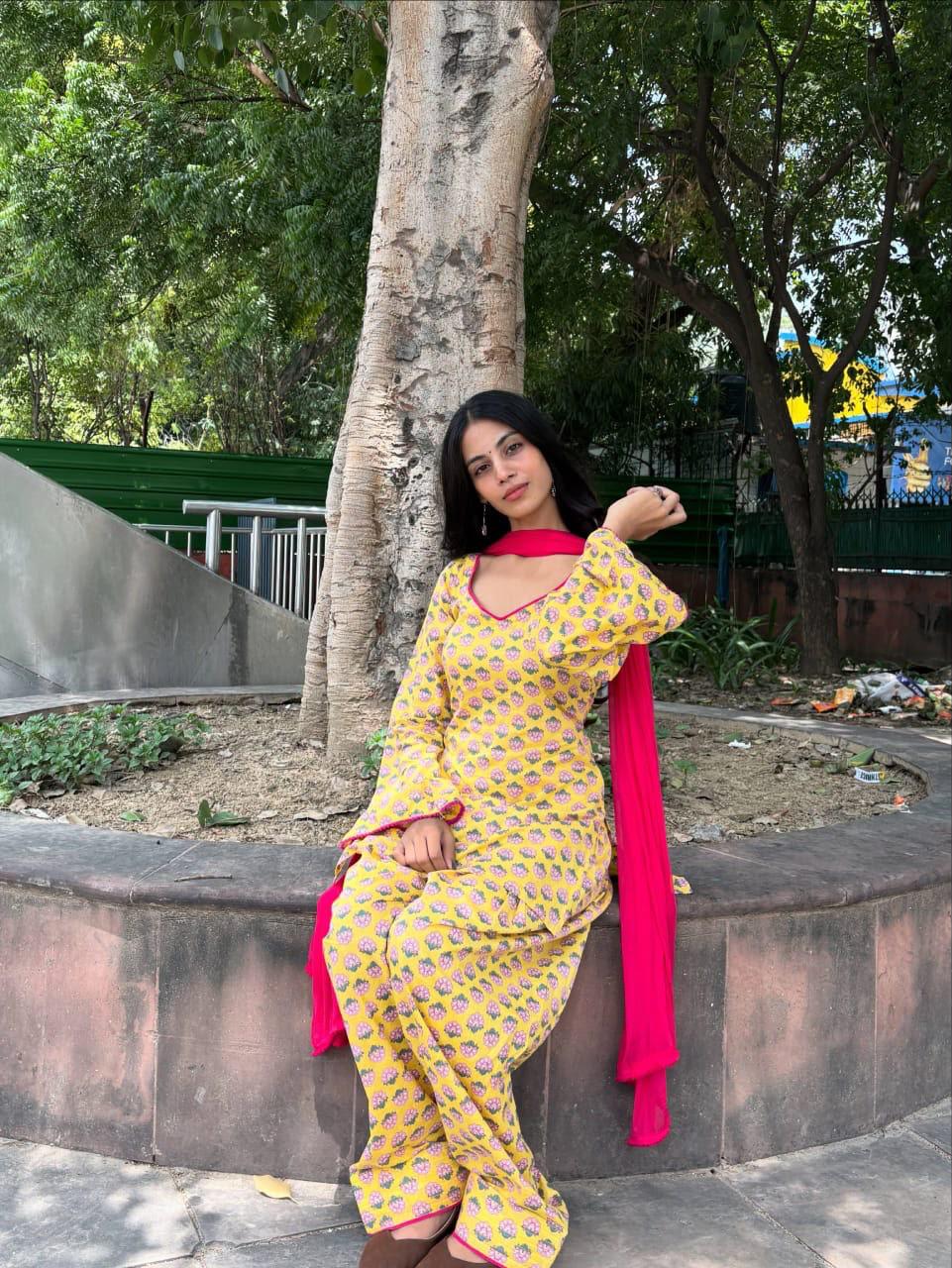 Gulbahar Yellow Floral Cotton Farshi Salwar Suit Set