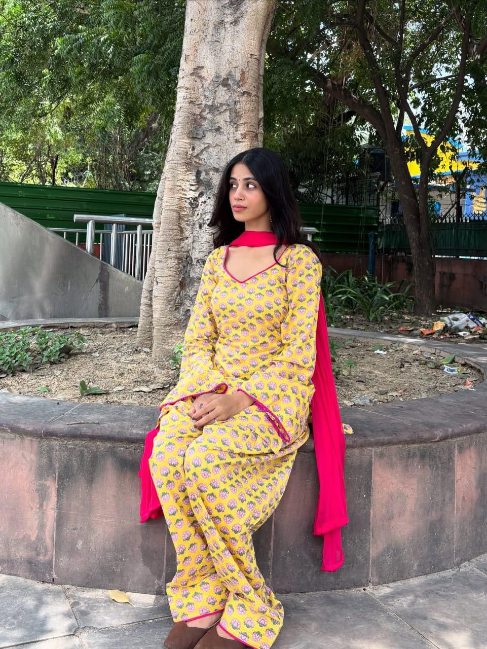 Gulbahar Yellow Floral Cotton Farshi Salwar Suit Set