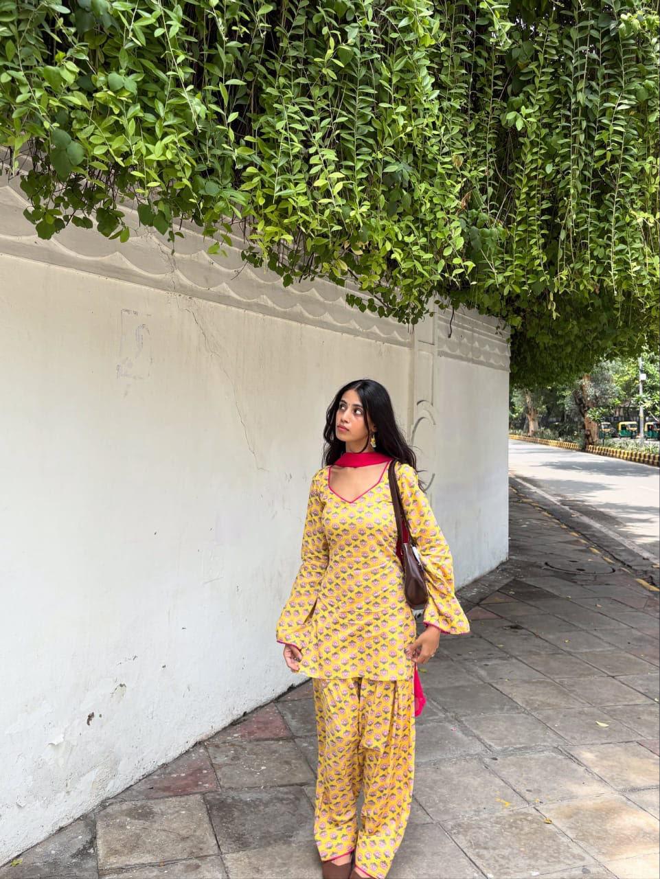 Gulbahar Yellow Floral Cotton Farshi Salwar Suit Set