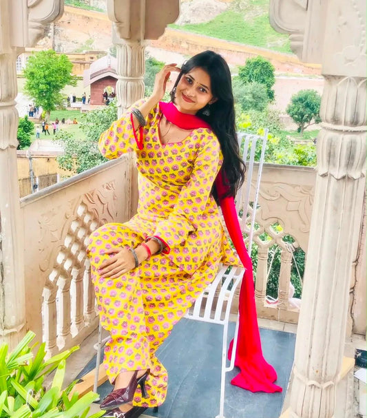 Gulbahar Yellow Floral Cotton Farshi Salwar Suit Set