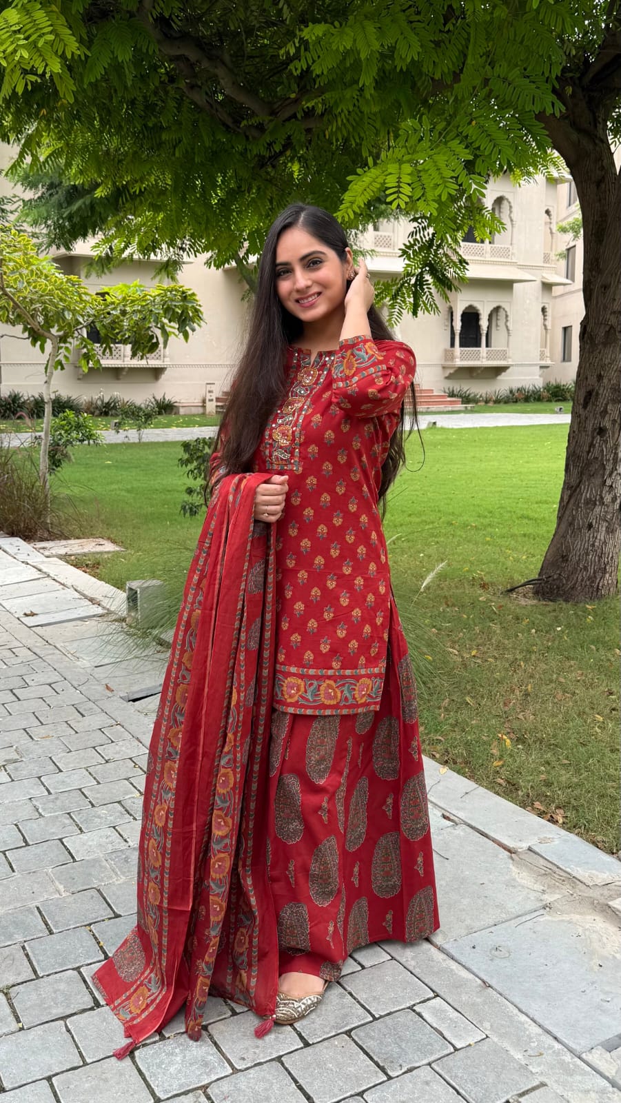 Elegant Red Printed Ethnic Pallazo Set with Dupatta