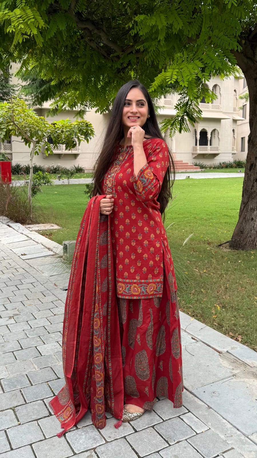 Elegant Red Printed Ethnic Pallazo Set with Dupatta