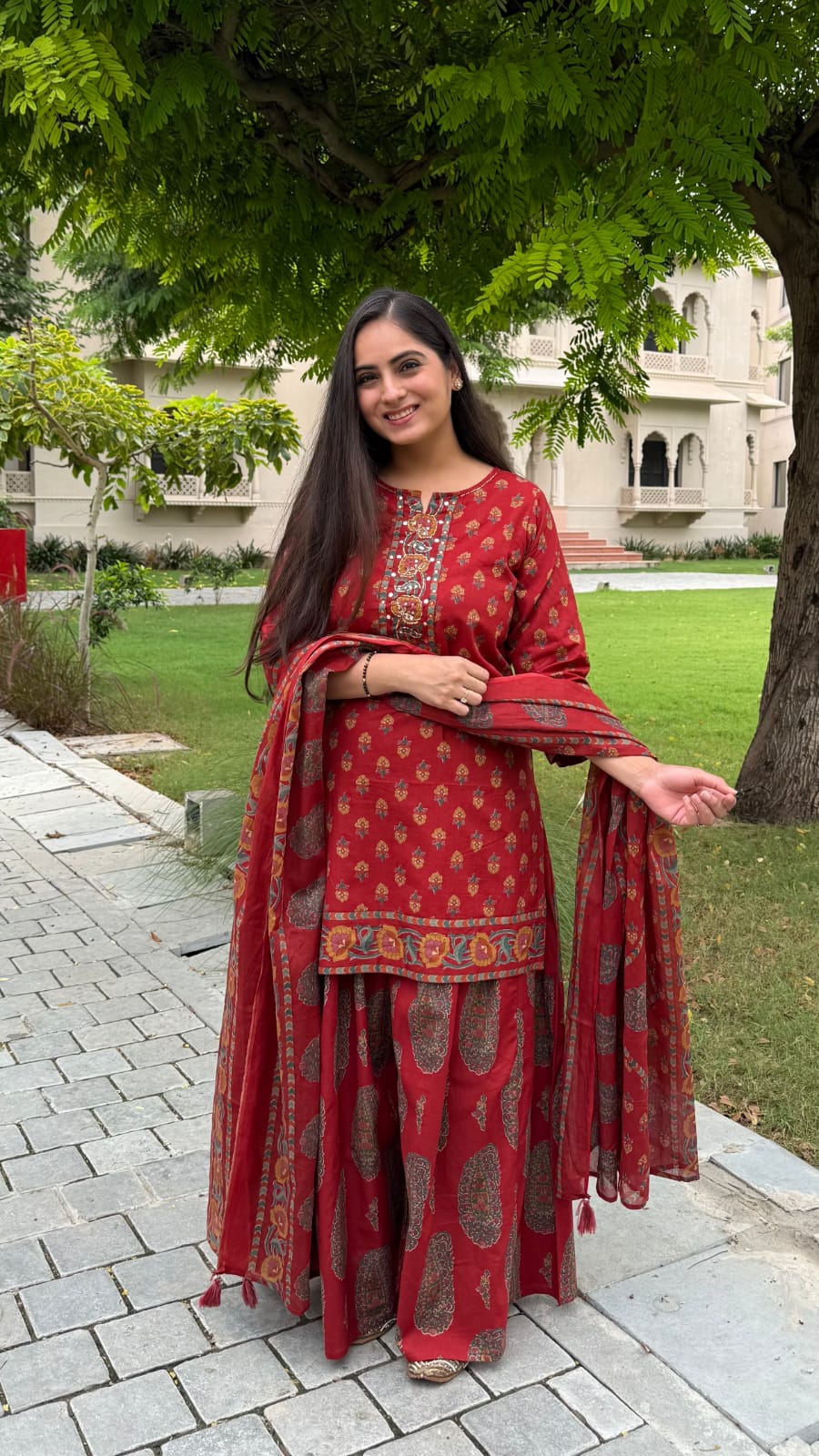 Elegant Red Printed Ethnic Pallazo Set with Dupatta