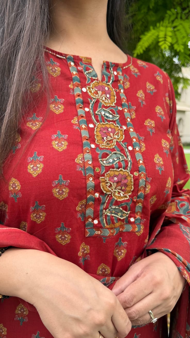 Elegant Red Printed Ethnic Pallazo Set with Dupatta