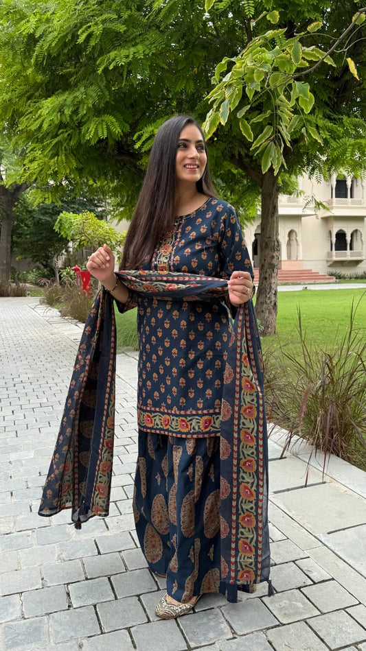 Elegant Blue Printed Ethnic Pallazo Set with Dupatta