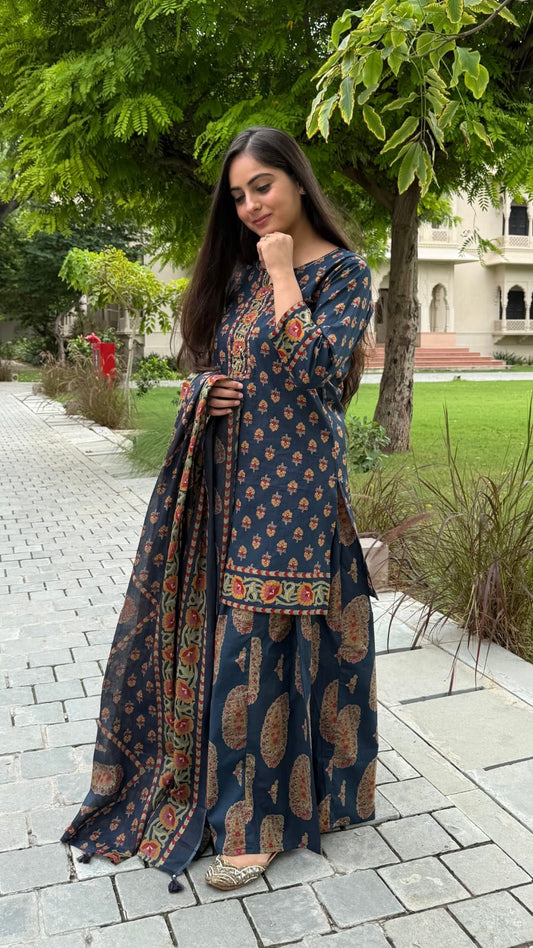 Elegant Blue Printed Ethnic Pallazo Set with Dupatta