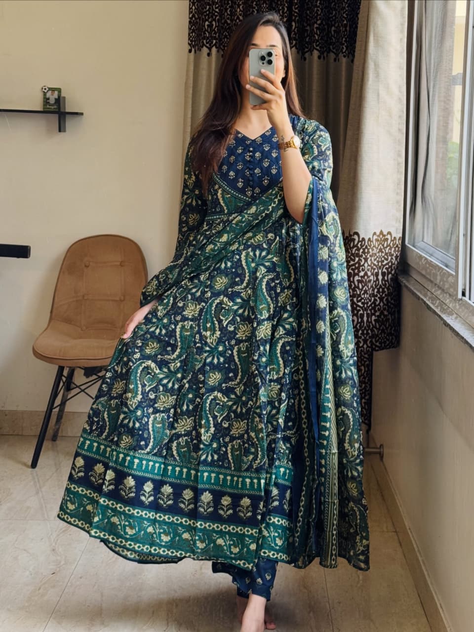 Elegant Navy Blue & Teal Printed Anarkali Suit Set