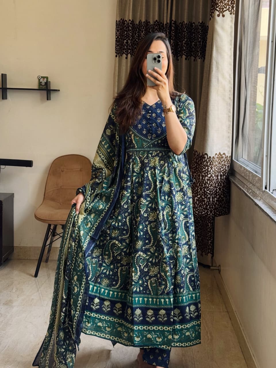 Elegant Navy Blue & Teal Printed Anarkali Suit Set