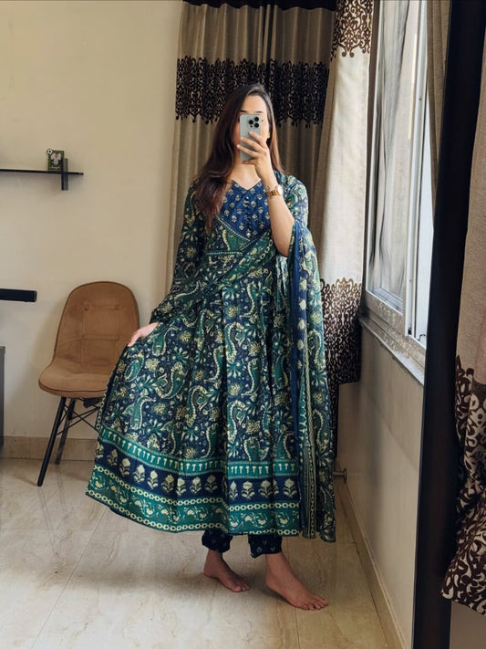 Elegant Navy Blue & Teal Printed Anarkali Suit Set