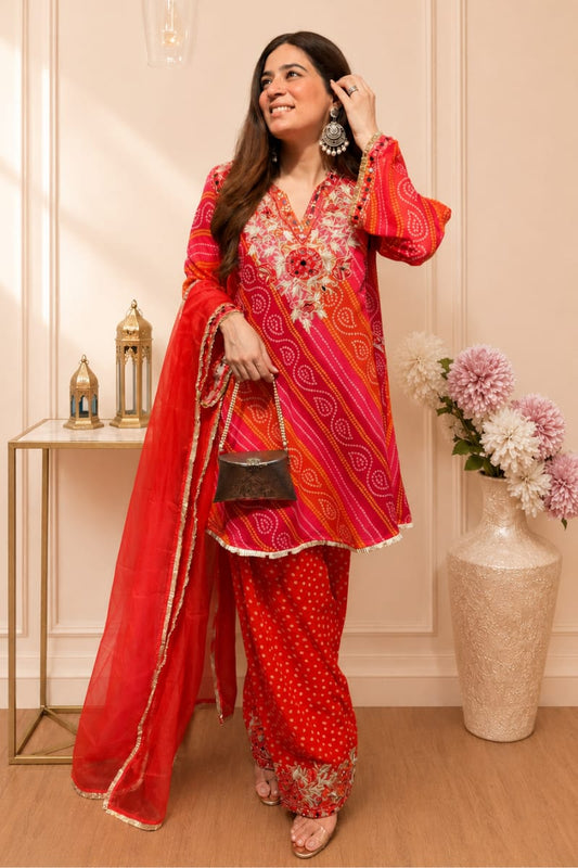 Beautiful Red Bandhani Suit Set for Women