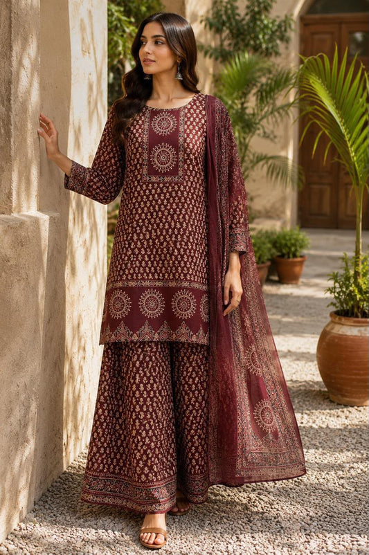 Elegant Maroon Printed Kurta Palazzo Set with Dupatta